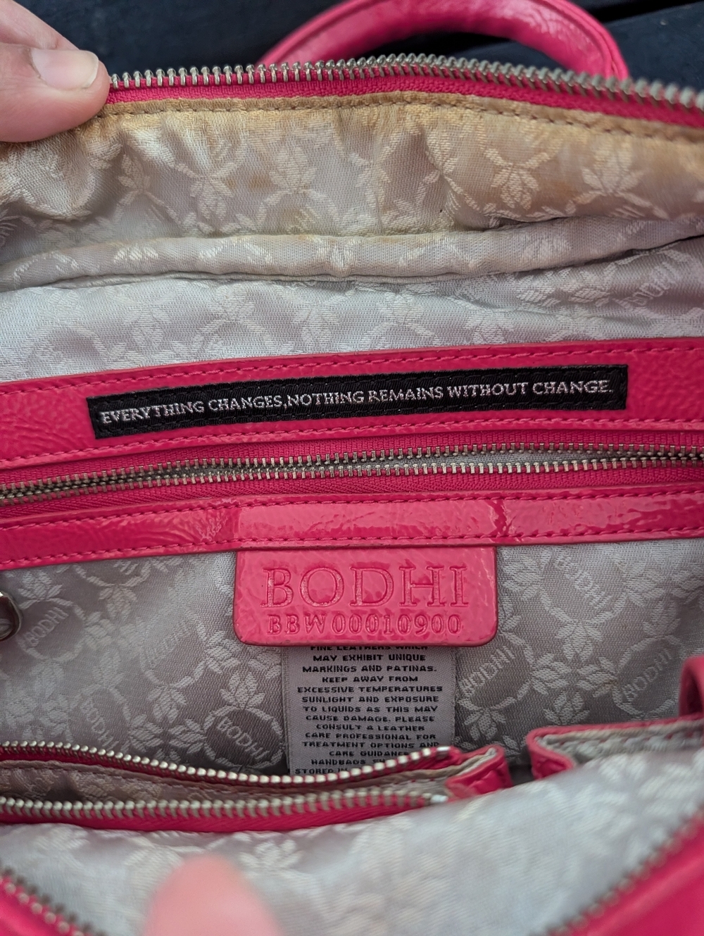 BODHI Geo Greek Key Fabric Patent Leather Satchel Bag Handbag Tote Tan/Pink - Picture 5 of 9